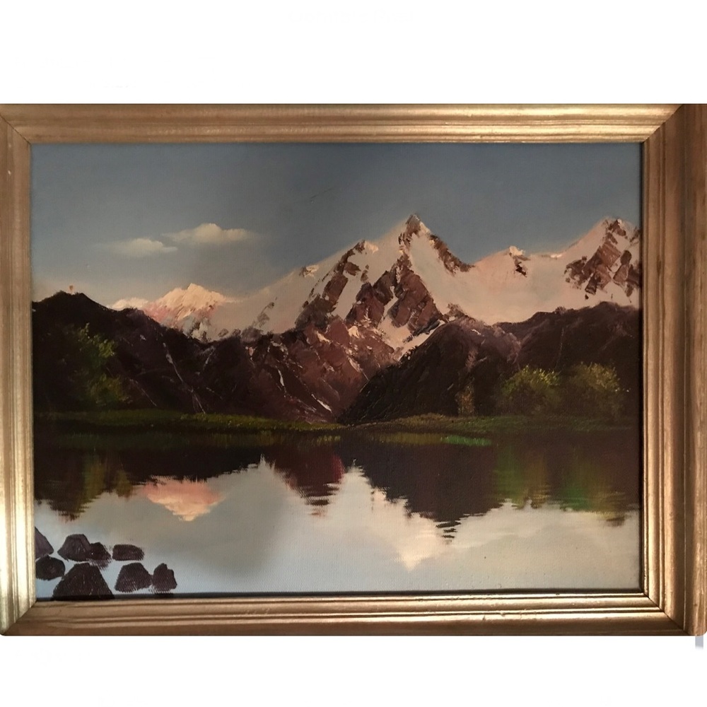 DYT Type 4 Art Vintage Still Lake & Mountain Landscape Painting Framed in SILVER